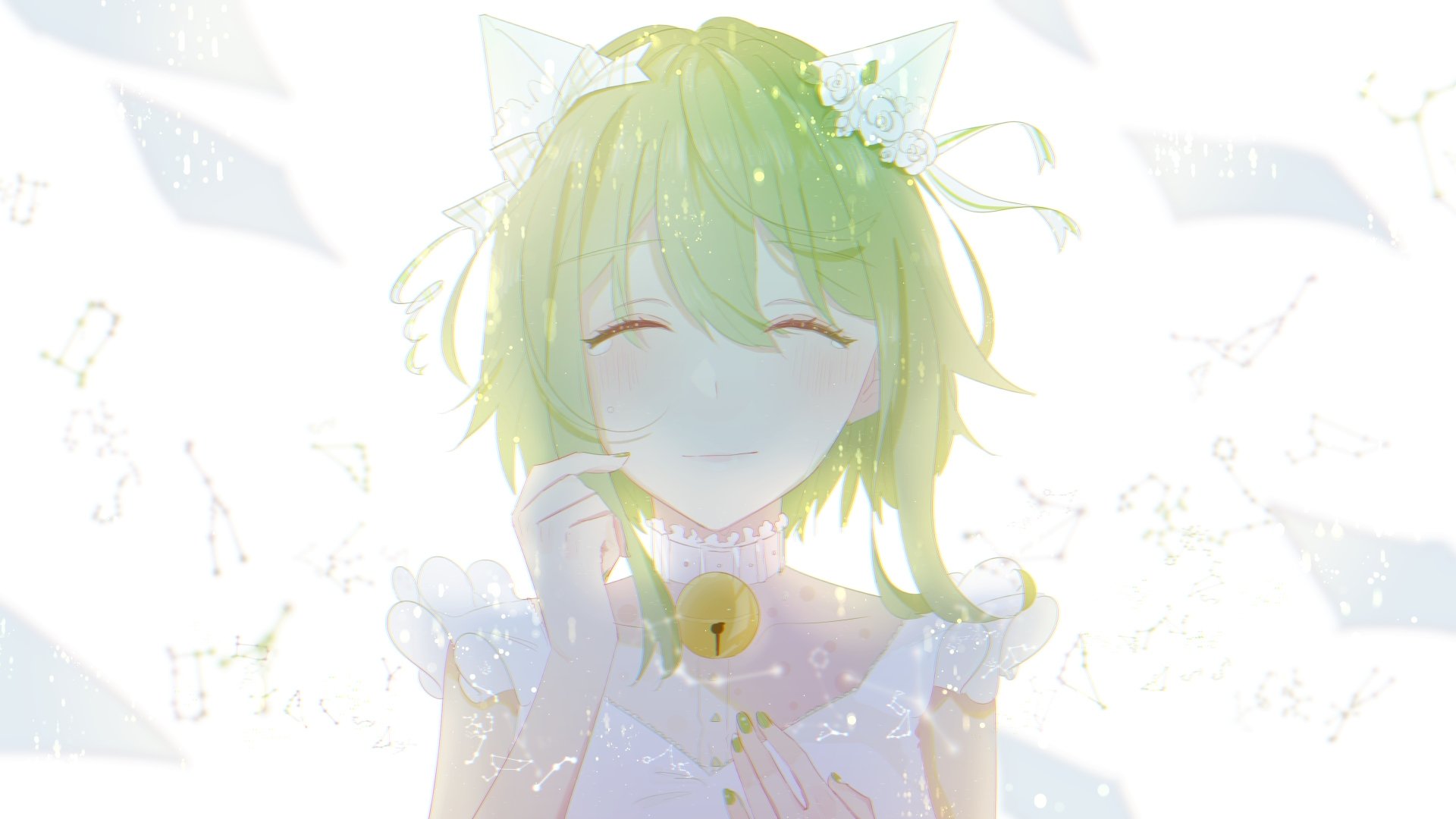 4K Ultra HD anime wallpaper featuring GUMI from Vocaloid, smiling softly with cat ears and a bell necklace, surrounded by a bright, ethereal light background.