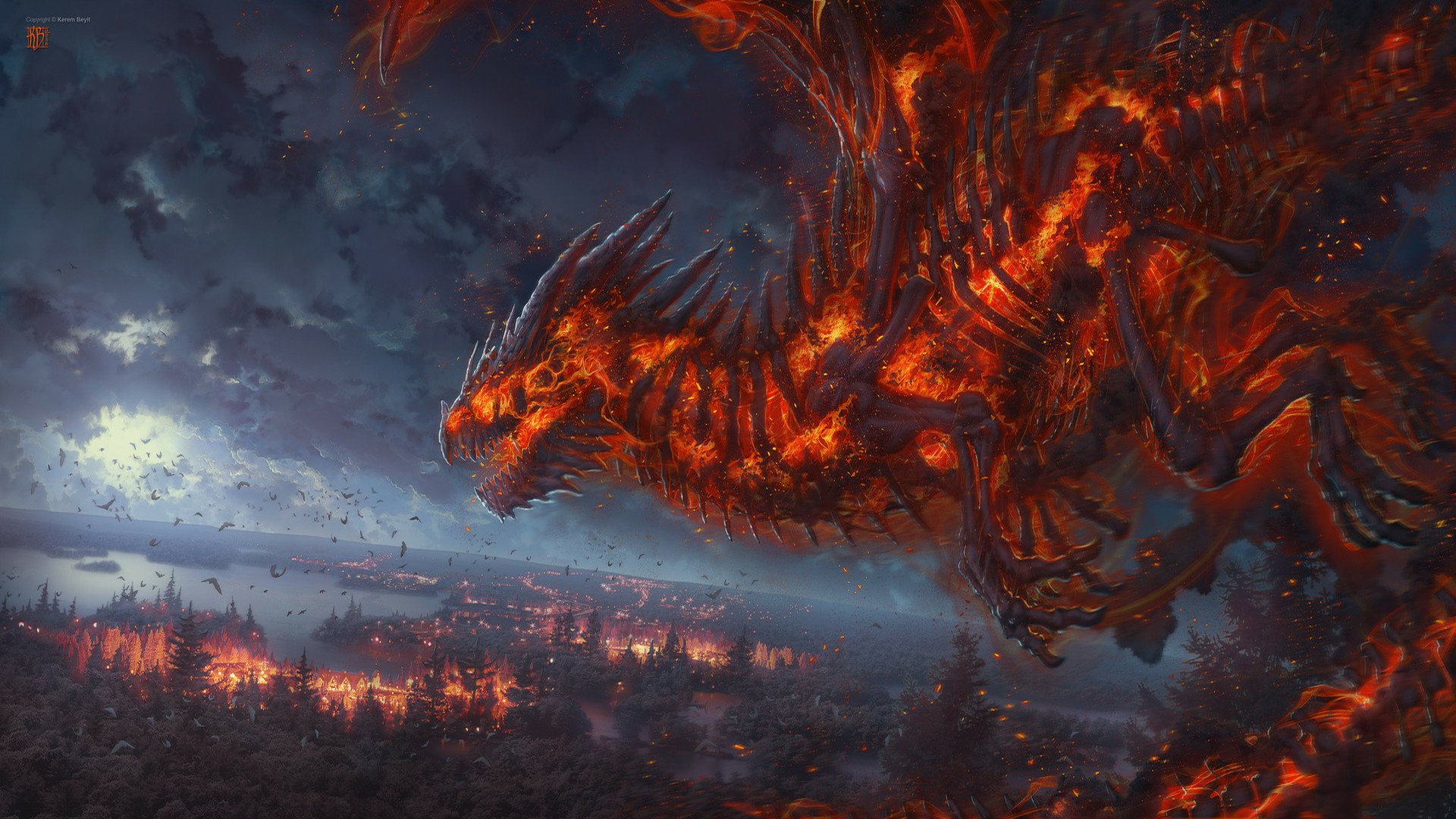 HD desktop wallpaper portraying a fiery dragon soaring over a burning landscape under a dark, night sky, evoking a fantasy theme.