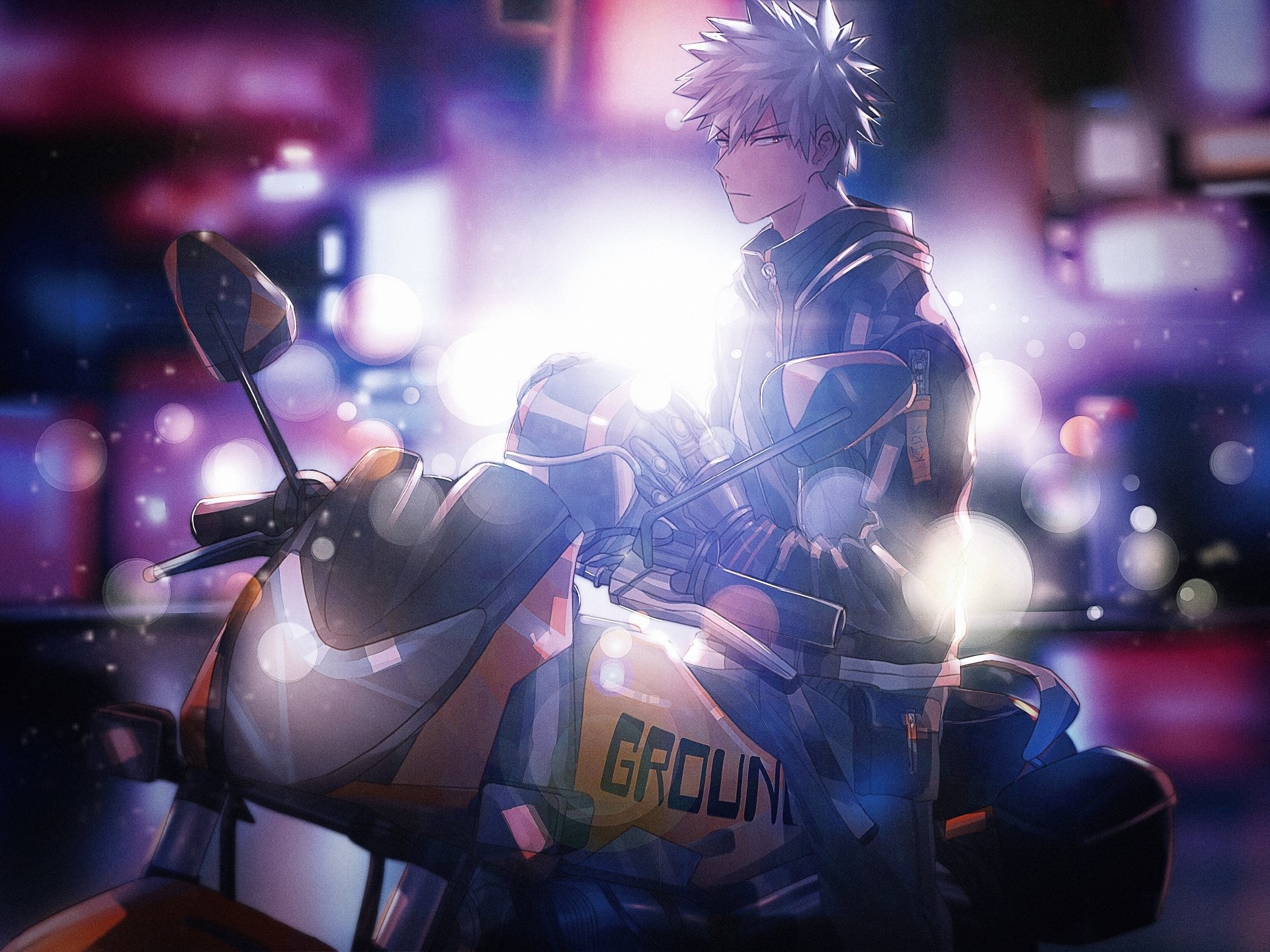 HD PC desktop wallpaper featuring Katsuki Bakugou from My Hero Academia, depicted in a dynamic nighttime city scene with vibrant lighting effects.