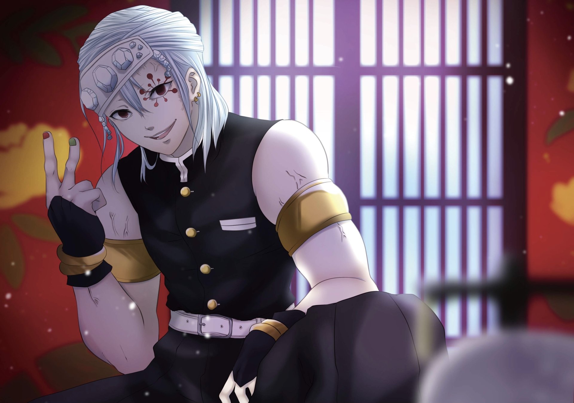 2K Quad HD PC desktop wallpaper of Demon Slayer: Kimetsu no Yaiba's Tengen Uzui reclining in a lit shoji room, jeweled headband, bold makeup and muscular, ornate attire.