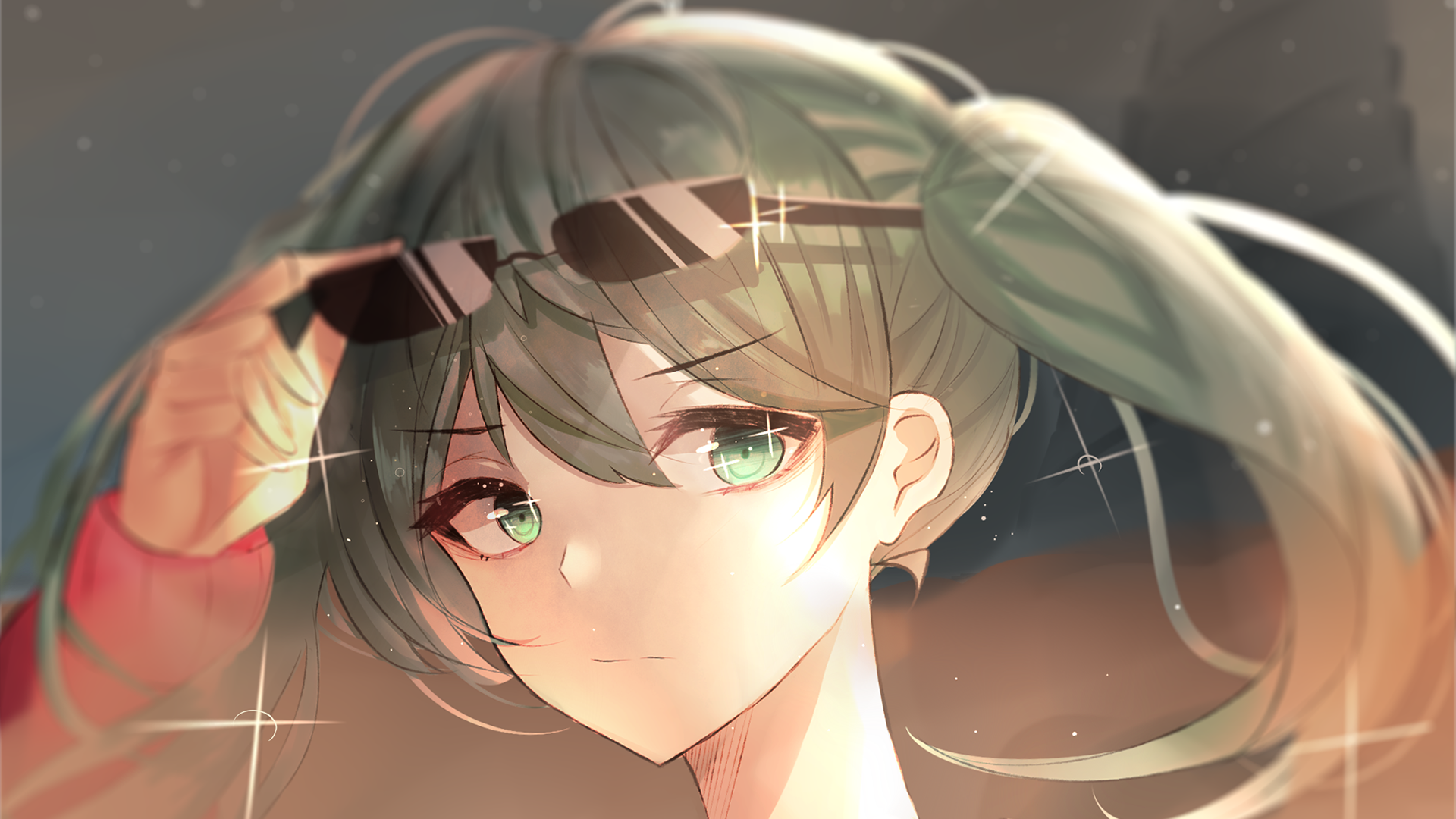 HD anime wallpaper featuring Hatsune Miku with green hair and eyes, wearing glasses and sunglasses on her head, embodying the Vocaloid character's signature look.