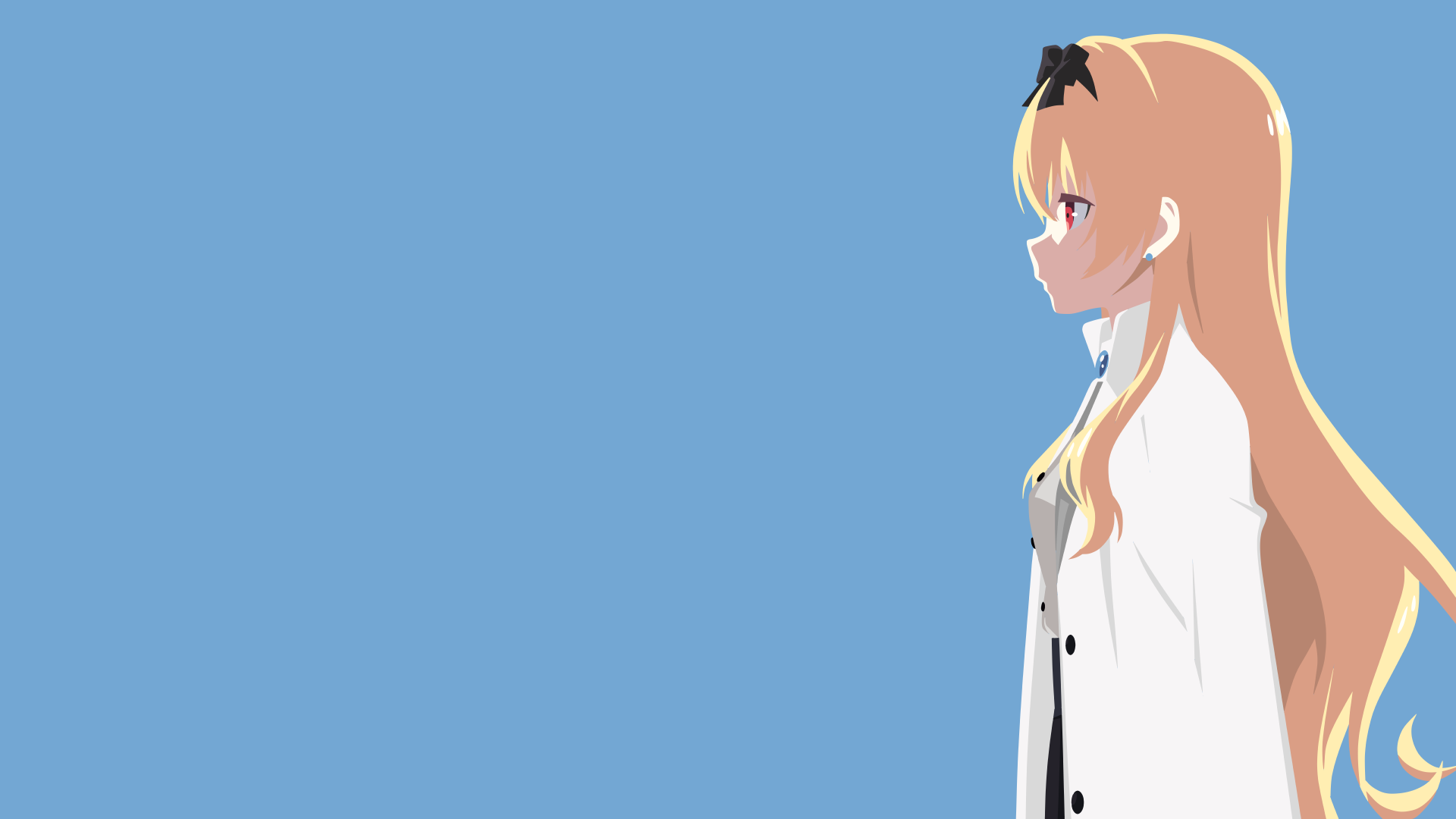Minimalist HD desktop wallpaper of Yue from Arifureta Shokugyou de Sekai Saikyo anime, featuring a side profile of the character against a blue background.