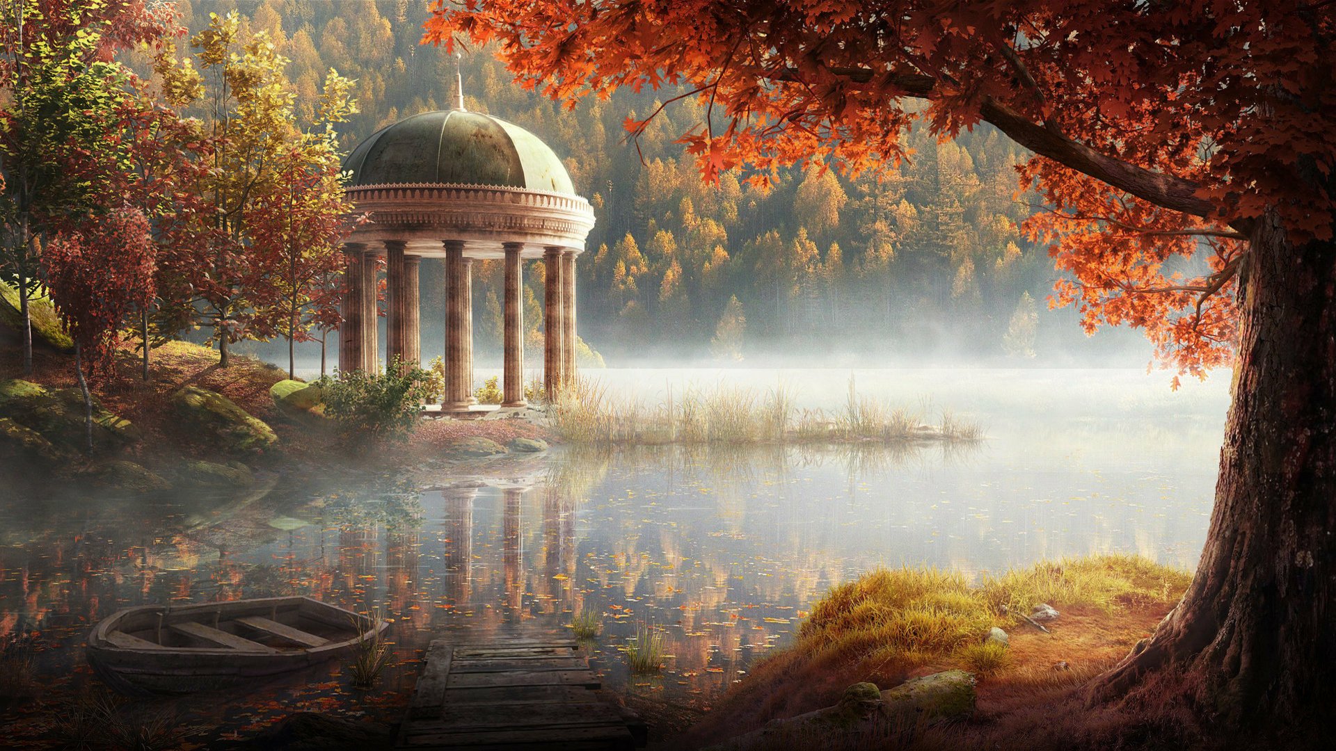 Artistic HD desktop wallpaper of a serene lake in fall with vibrant foliage, a charming gazebo, and a misty atmosphere enhancing this peaceful nature scene.