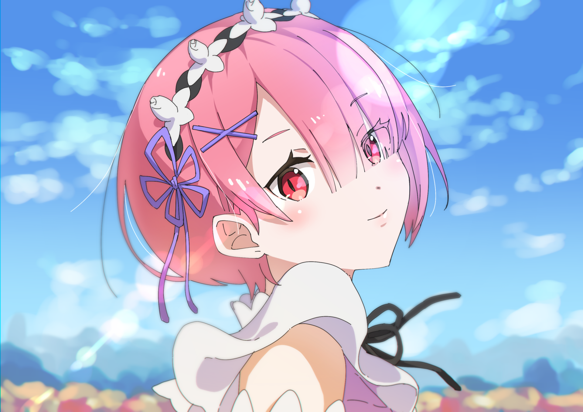 Ram (Re:Zero - Starting Life in Another World) anime portrait: pink‑haired Ram with floral hairpins and red eyes, gazing over her shoulder against a bright blue sky — HD PC wallpaper/background.