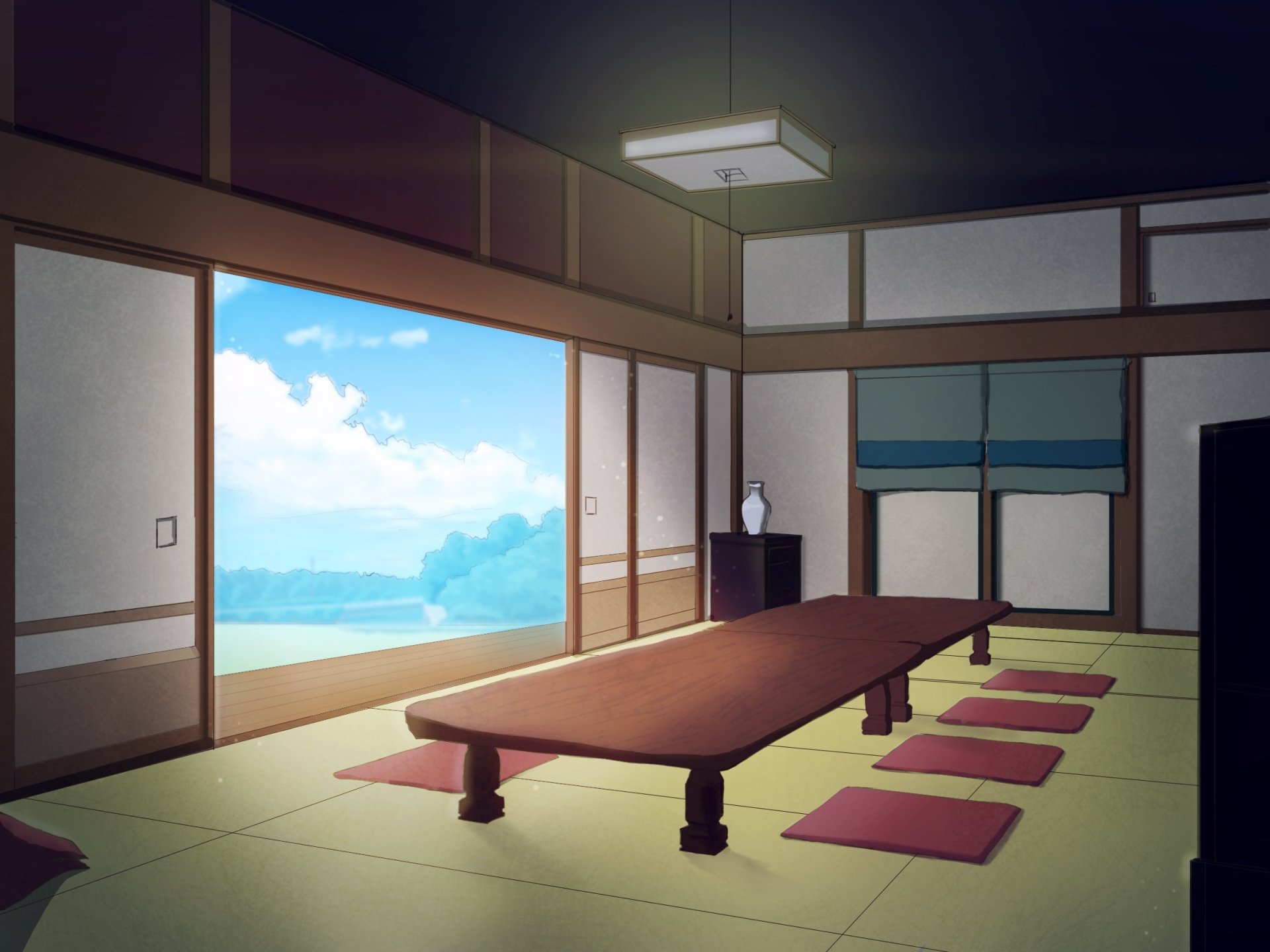 Anime room HD PC desktop wallpaper/background: sunlit traditional Japanese tatami room with a long low table, floor cushions and shoji doors opening to a bright blue sky and sea.