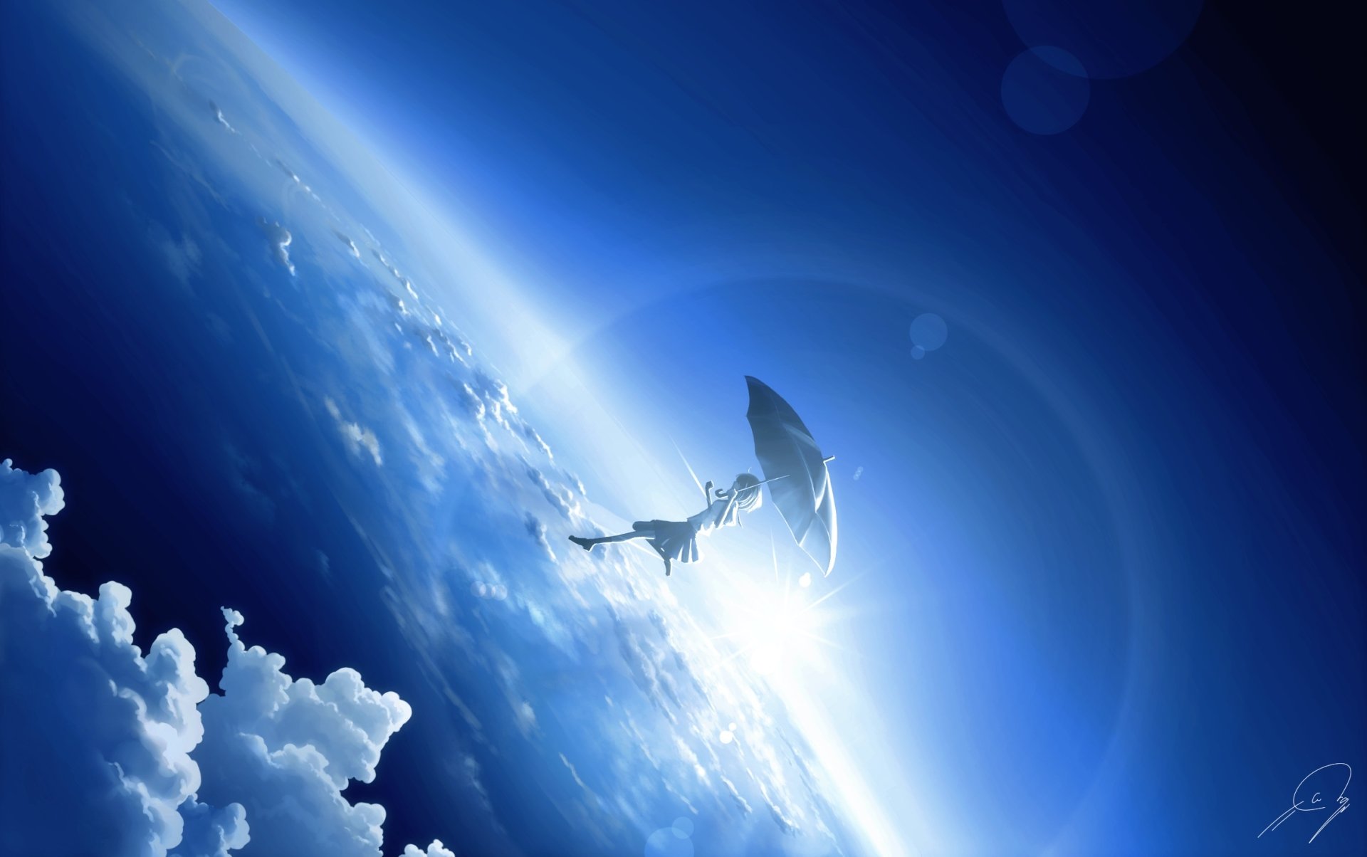 Anime-style HD desktop wallpaper of a person falling through the sky with an umbrella, illuminated by a bright sun above the clouds, showcasing an original, dynamic scene.