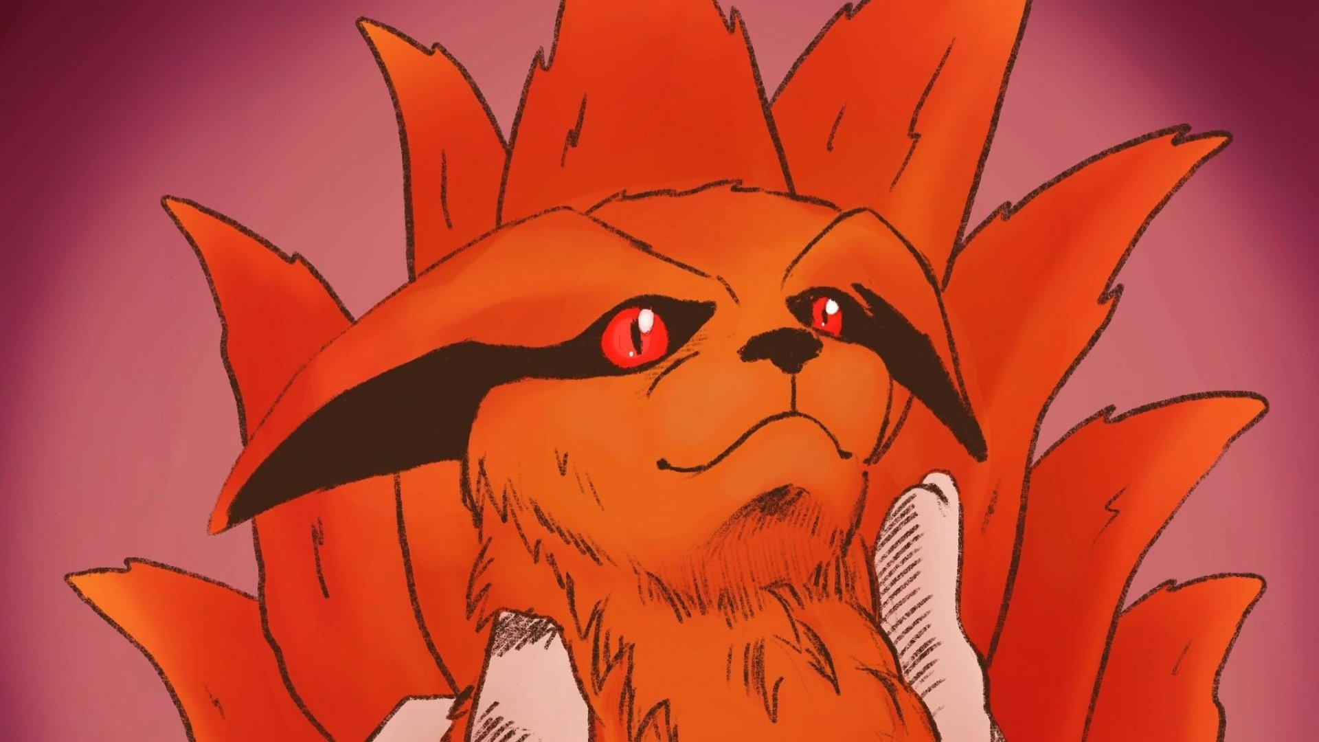 HD anime desktop wallpaper featuring Kurama from Naruto, showcasing the Nine-Tails fox with intense red eyes and fiery orange fur.