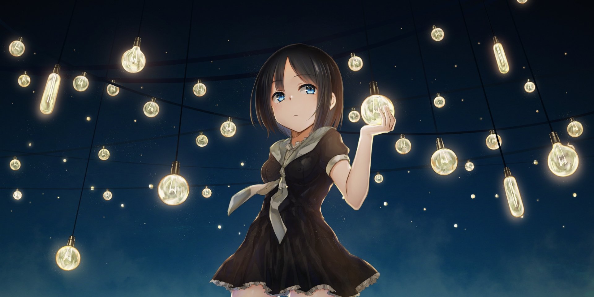 HD anime original wallpaper showing a girl in a dark dress holding a glowing orb, surrounded by hanging illuminated bulbs against a night sky background.