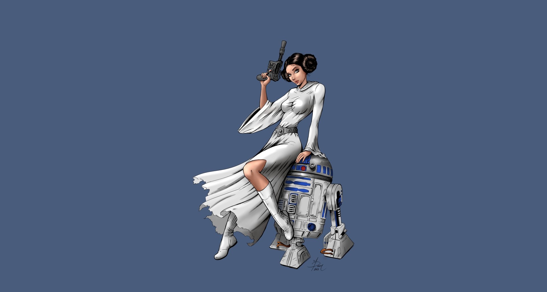Princess Leia Organa in a white gown seated on R2-D2 against a blue field — Star Wars sci-fi 5K Ultra HD PC desktop wallpaper/background.