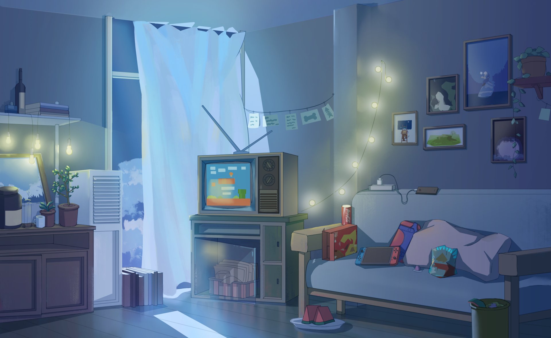 HD anime room desktop wallpaper showing a cozy, softly lit anime-style room with a vintage TV, couch, string lights, and framed pictures on the wall.
