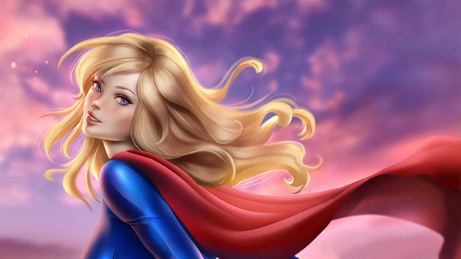 4K Ultra HD comic-style Supergirl with flowing blonde hair and blue eyes, red cape billowing against a pink-purple sky — DC Comics PC desktop wallpaper background.