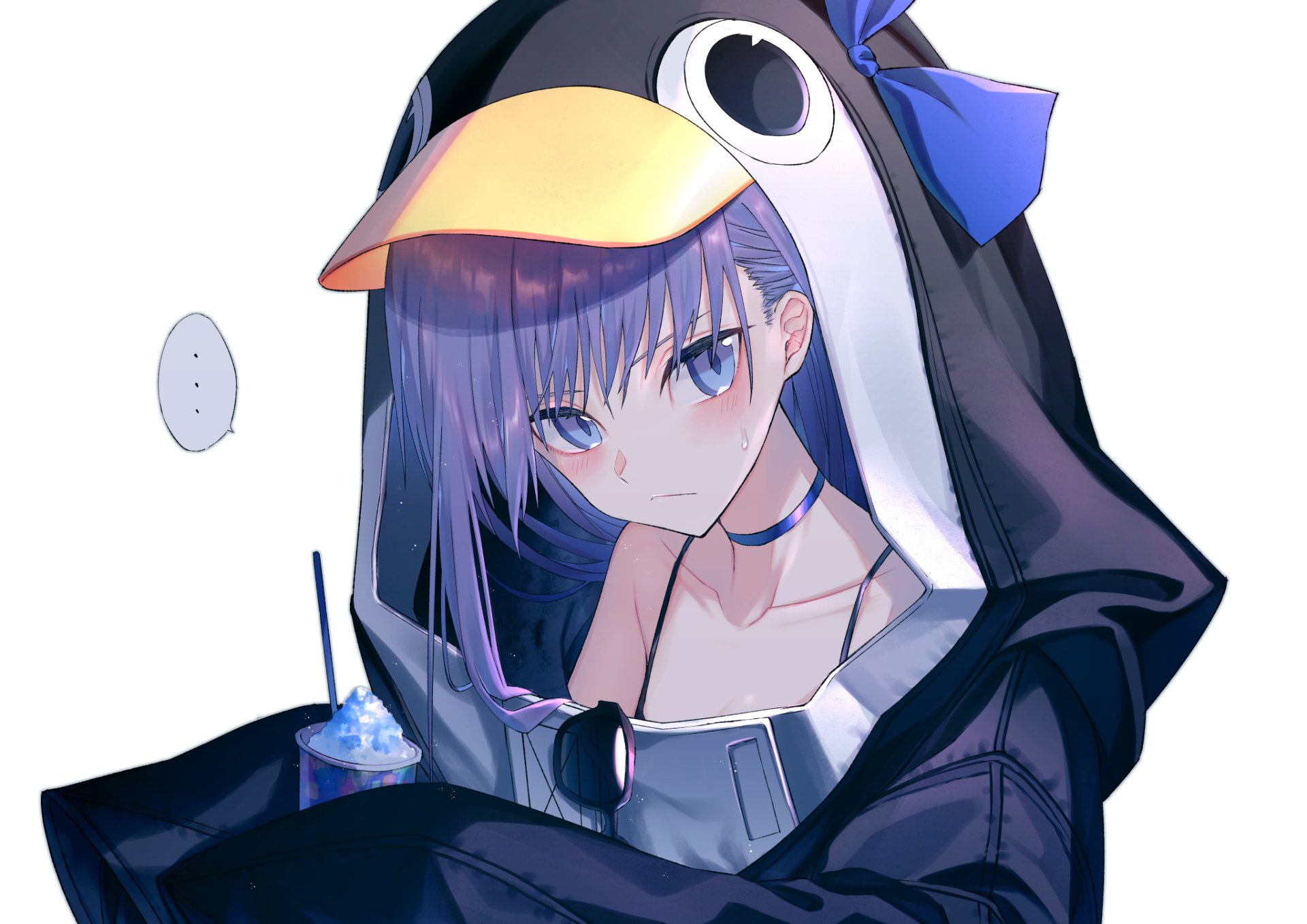 HD PC desktop wallpaper featuring Meltlilith from Fate/Grand Order in anime style, wearing a penguin-themed hoodie with a serious expression.