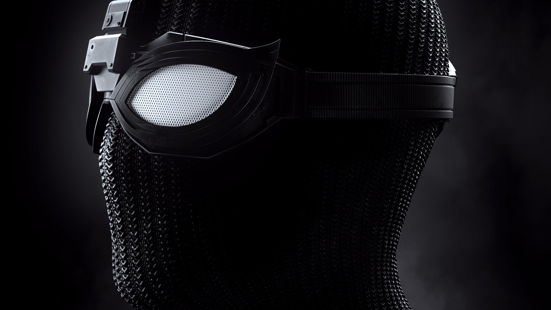 Close-up of Spider-Man's black stealth suit mask with white goggle, moody dark background — 4K Ultra HD PC desktop wallpaper from the movie Spider-Man: Far From Home.