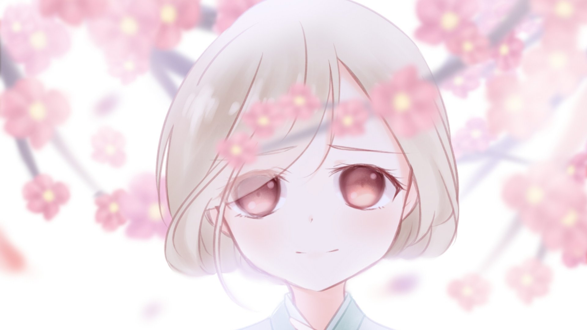 HD PC desktop wallpaper: original anime of a blonde girl with short hair and pale pink eyes, softly lit and framed by falling cherry blossoms.