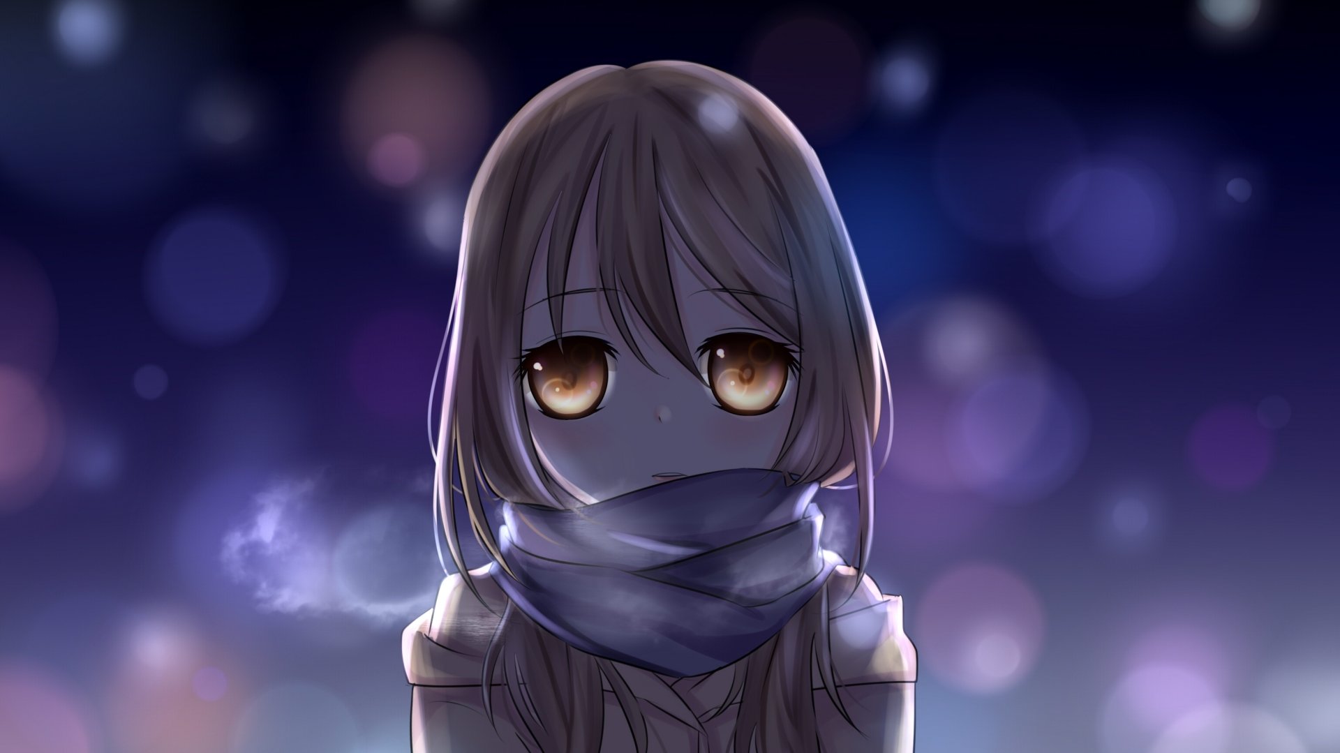 Anime girl with brown hair and eyes, wrapped in a scarf, set against a softly blurred night background. A high-definition desktop wallpaper.
