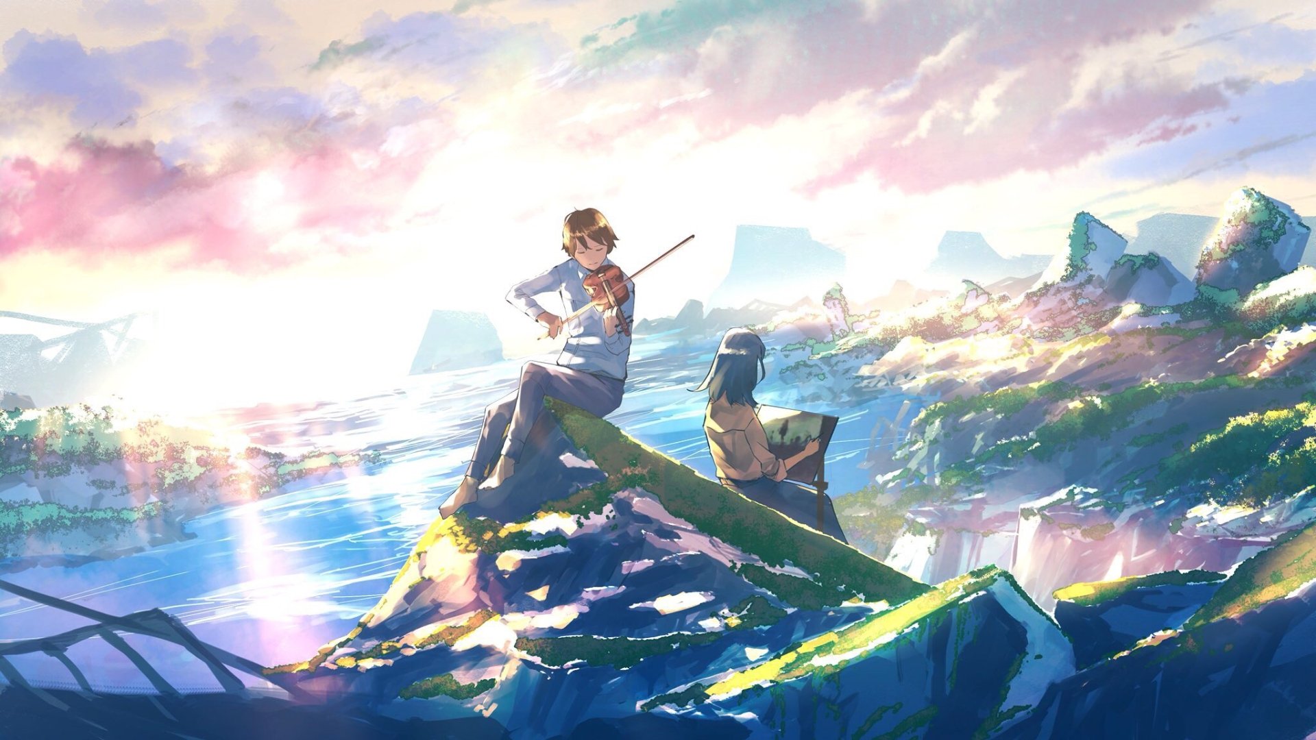 HD anime desktop wallpaper featuring an original artwork of two characters on a rocky, sunlit landscape; one playing a violin and the other reading a book amidst vibrant colors and serene surroundings.