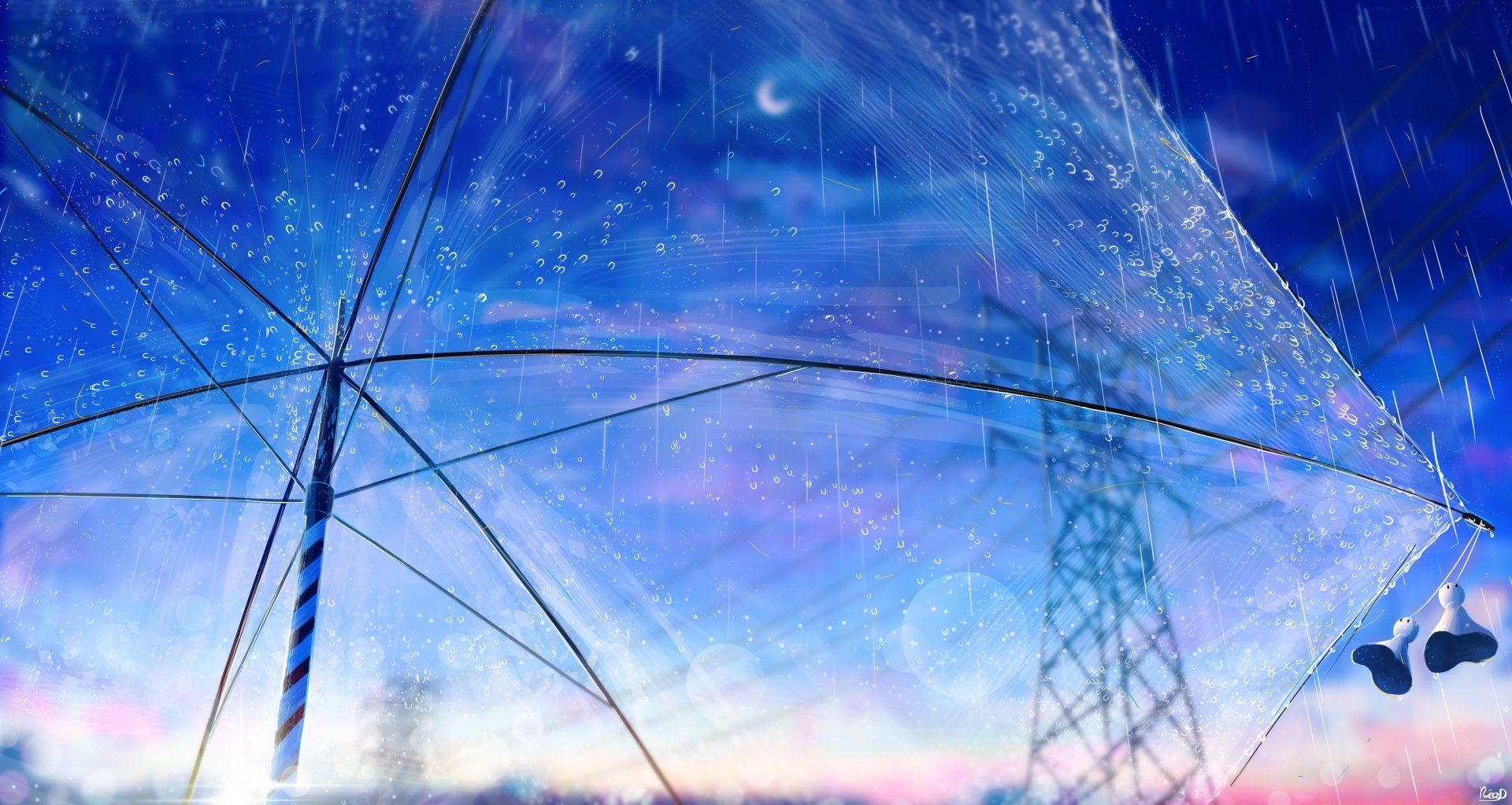 HD desktop wallpaper of an anime scene from Weathering with You, featuring a transparent umbrella against a rainy, twilight sky with transmission towers in the background.