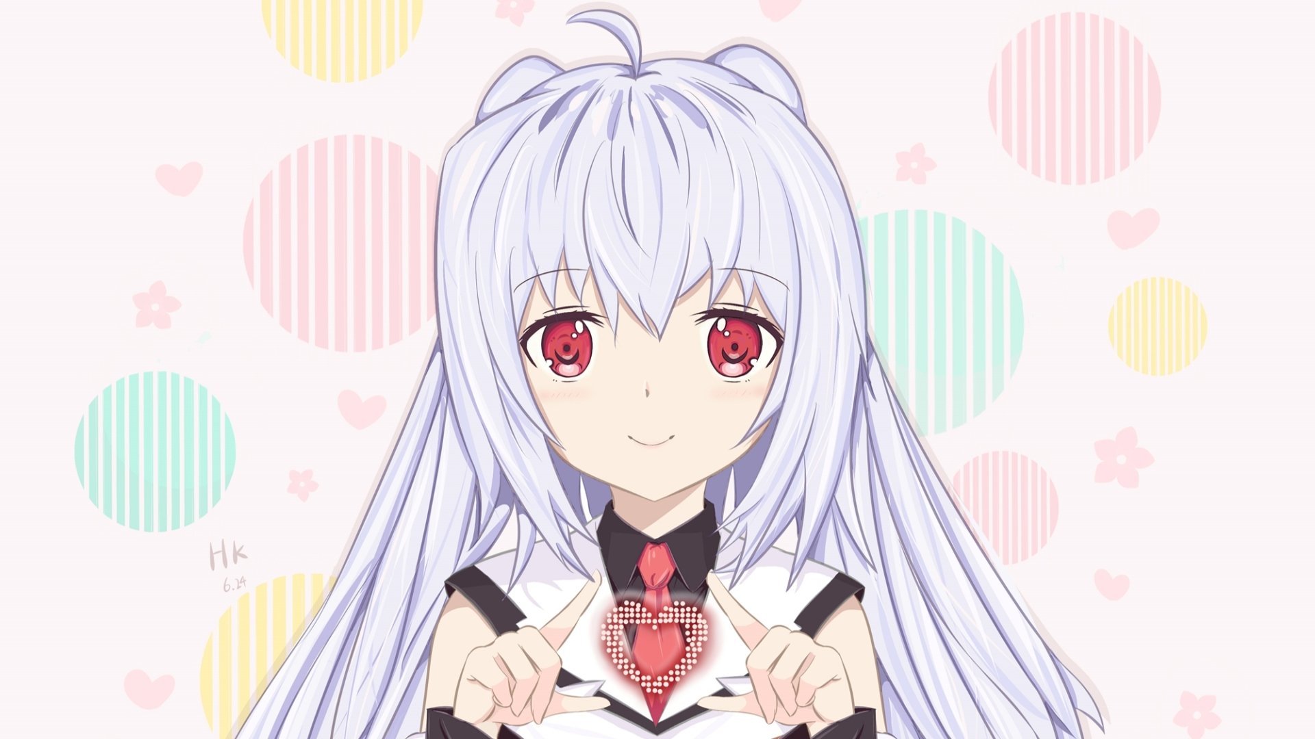 Isla (Plastic Memories) from the anime Plastic Memories, smiling with long white hair and red eyes, holding a heart — HD PC desktop wallpaper/background with pastel circles and hearts