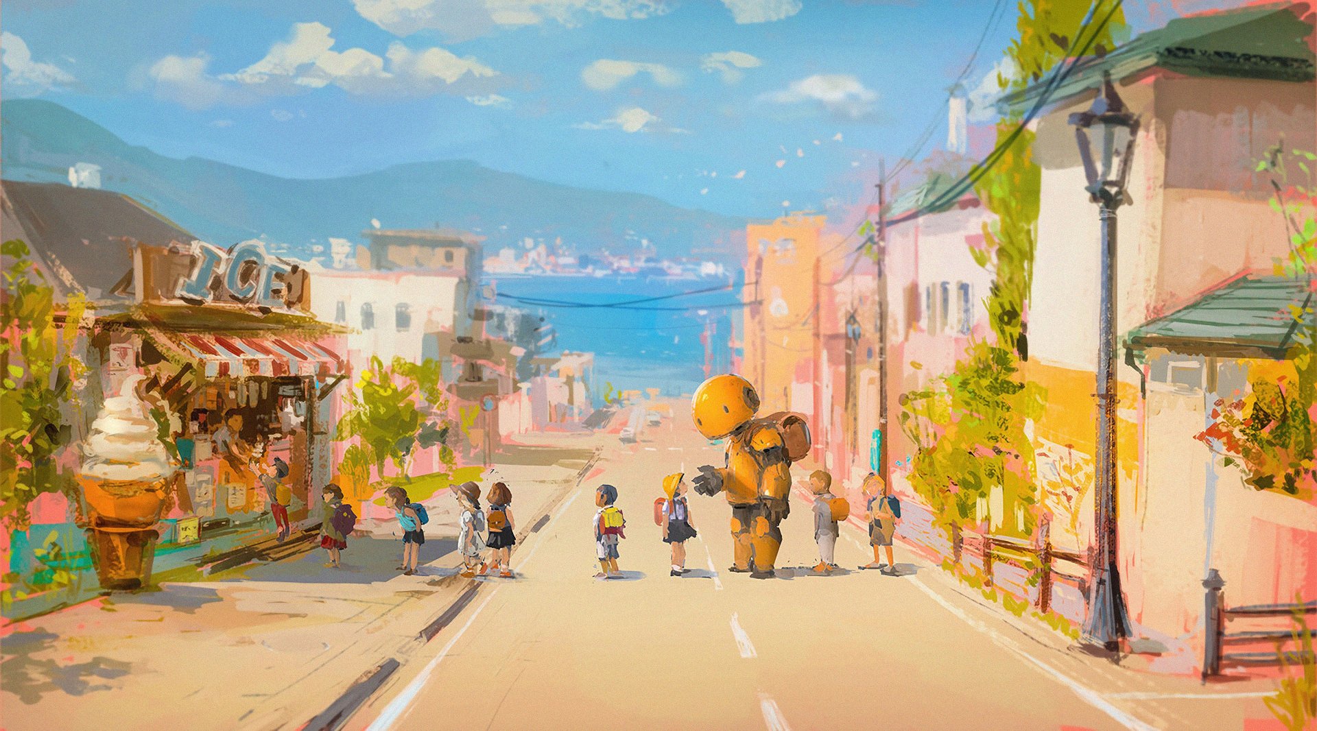 A vibrant HD PC desktop wallpaper depicting a child interacting with a robot on a sunlit sci-fi town street by the seaside.