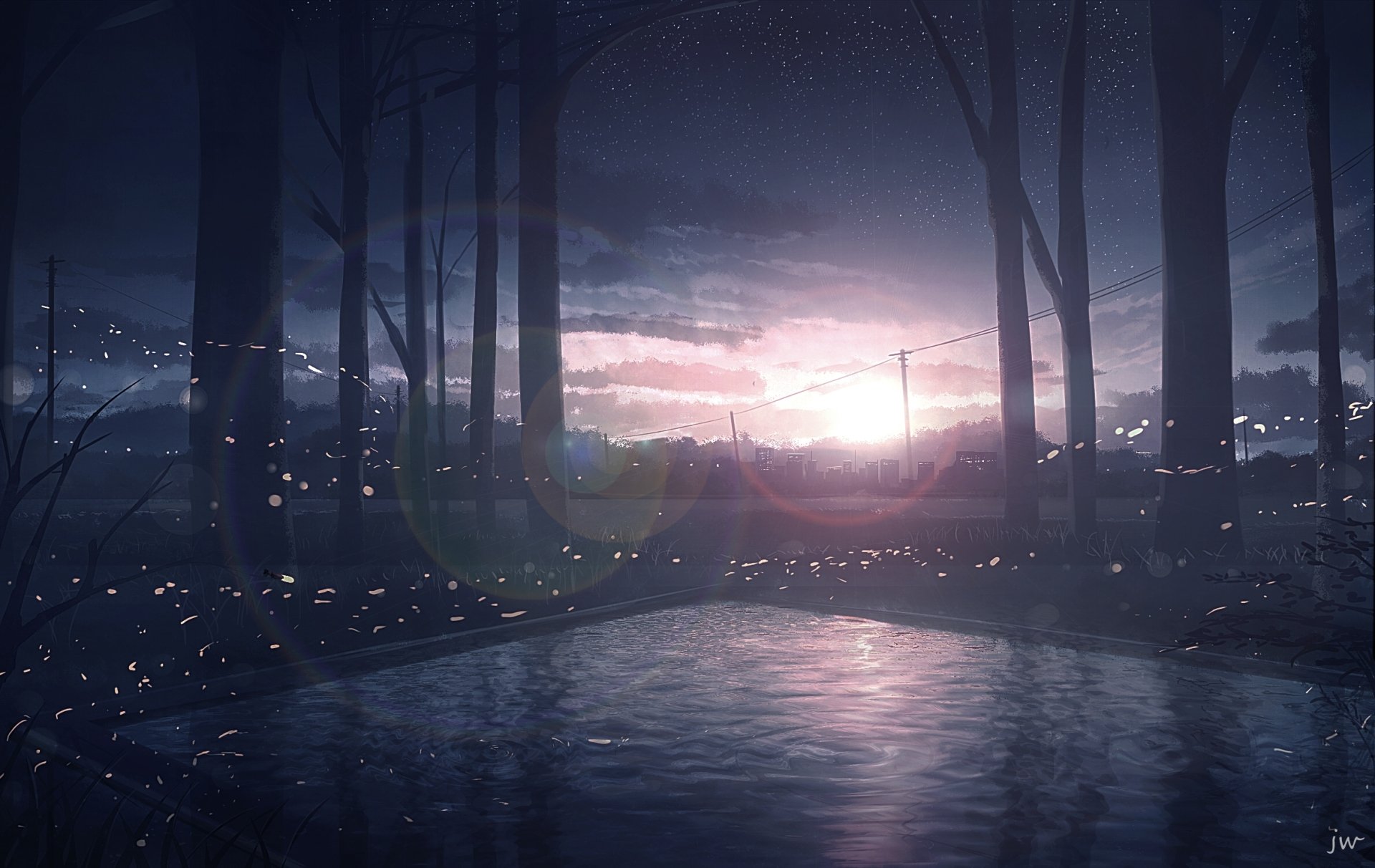 HD desktop wallpaper of a serene anime scene featuring a starry sky at twilight with trees reflecting over calm water.