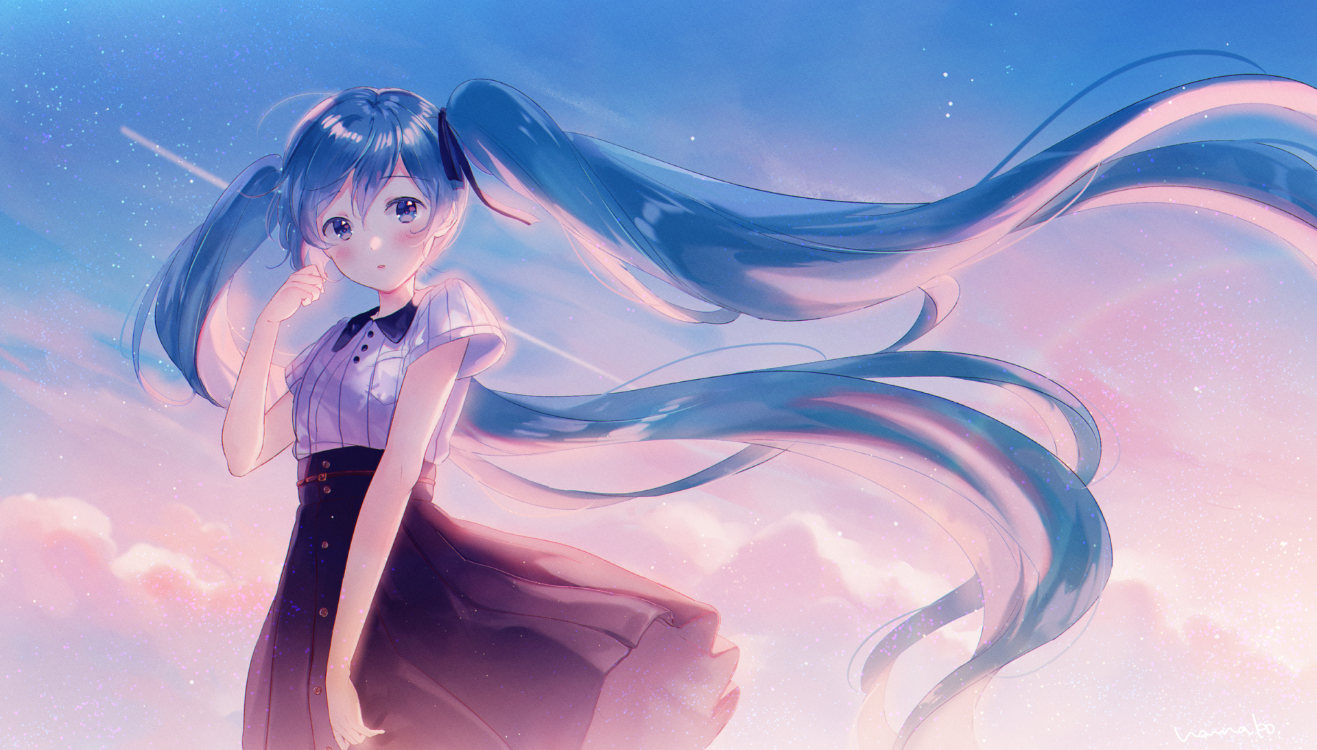 HD desktop wallpaper featuring Hatsune Miku from Vocaloid. The anime character is set against a dreamy sky background with flowing blue hair and a whimsical expression.