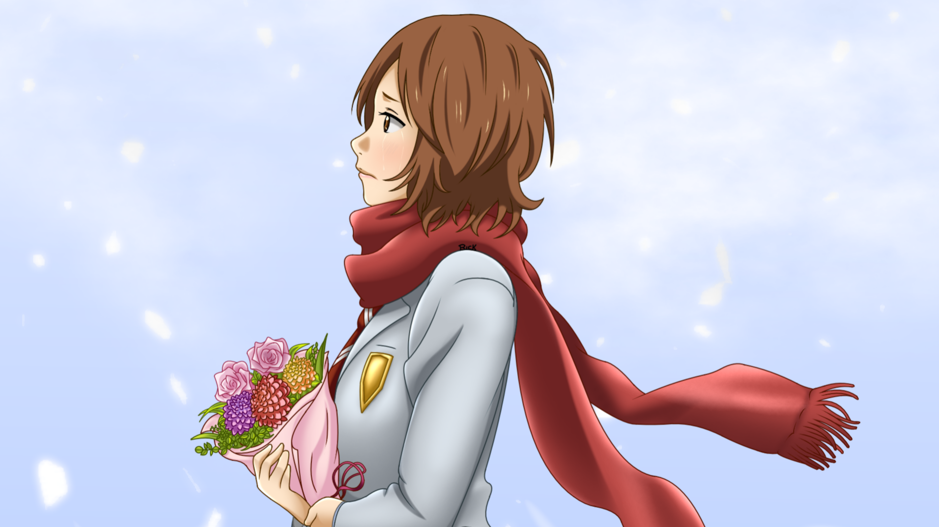 HD anime desktop wallpaper featuring Tsubaki Sawabe from Your Lie in April, wearing a red scarf and holding a bouquet of flowers against a soft, snowy background.