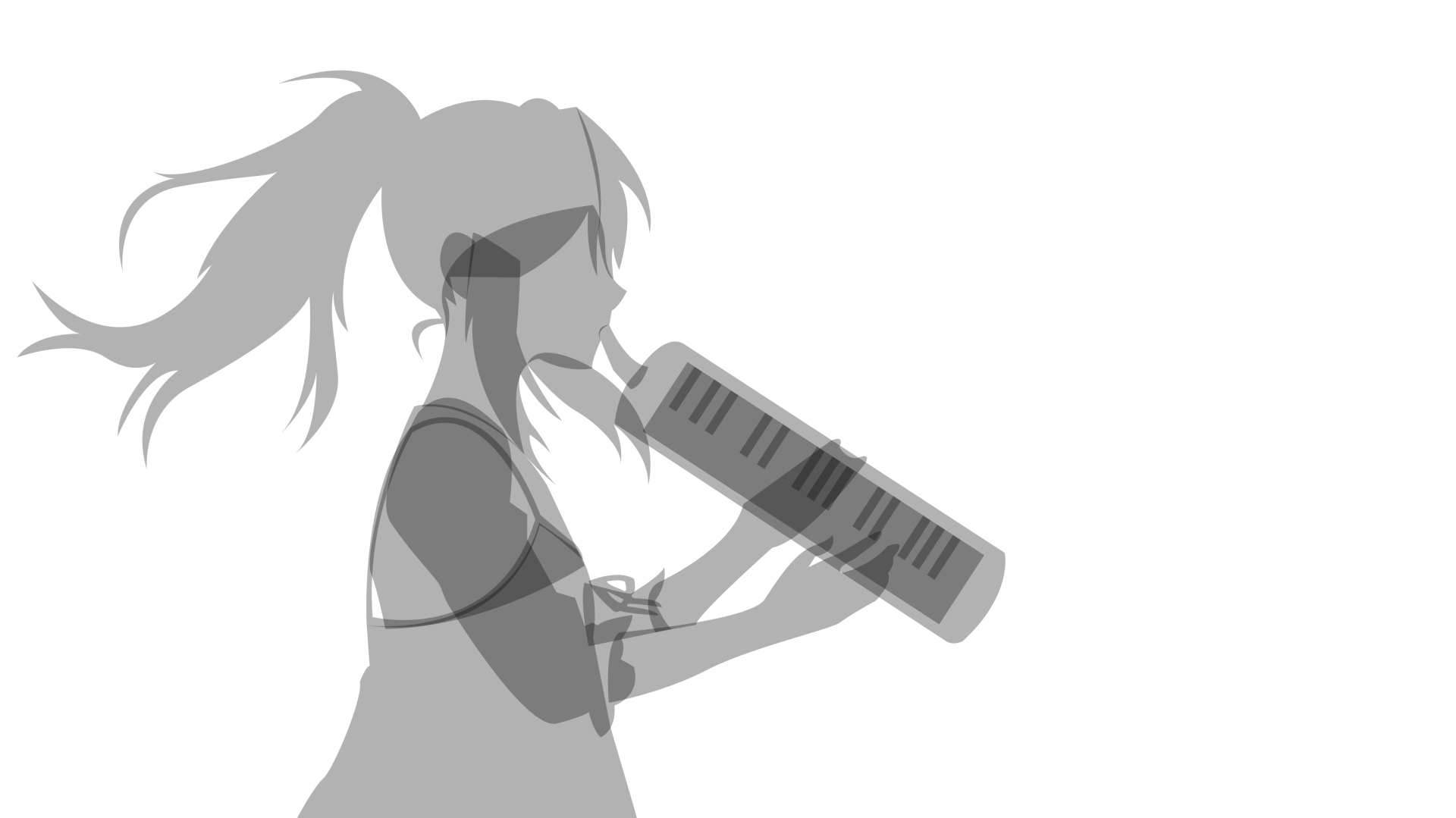 Grayscale silhouette of Kaori Miyazono from Your Lie in April playing a melodica, 4K Ultra HD PC desktop wallpaper background, anime-style.