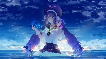 Otomachi Una from Vocaloid in an anime-style 4K Ultra HD desktop wallpaper, surrounded by glowing magical lights against a serene night sky and ocean backdrop.