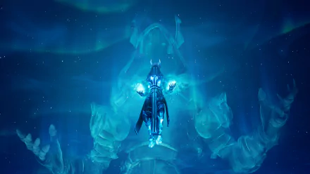 HD Fortnite PC desktop wallpaper featuring a glowing character in blue hues, surrounded by ghostly, translucent figures in an ethereal, cosmic setting.
