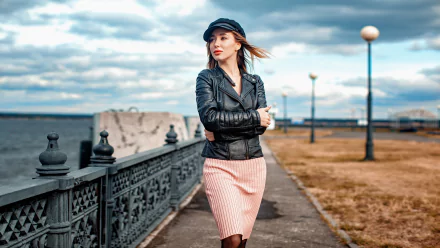 leather jacket hat brunette depth of field woman model HD Desktop Wallpaper | Background Image