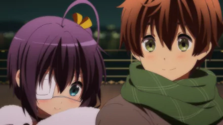 HD PC desktop wallpaper of Yūta Togashi and Rikka Takanashi from Love, Chunibyo & Other Delusions standing close at night; Rikka wears an eyepatch and Yūta a green scarf.