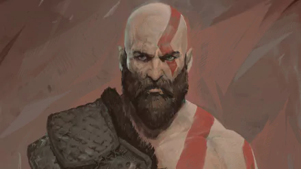 Kratos (God of War), bearded warrior with red war paint and armor against a painted backdrop — 4K Ultra HD PC desktop wallpaper and background for the God of War video game.