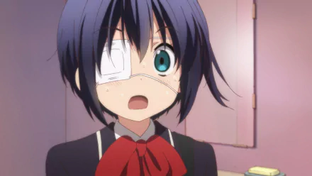 HD PC desktop wallpaper featuring Rikka Takanashi from the anime Love Chunibyo & Other Delusions with her distinctive eyepatch and surprised expression.