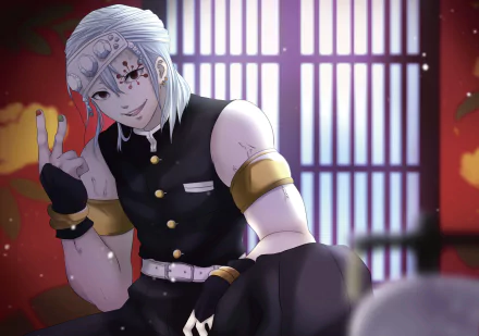 2K Quad HD PC desktop wallpaper of Demon Slayer: Kimetsu no Yaiba's Tengen Uzui reclining in a lit shoji room, jeweled headband, bold makeup and muscular, ornate attire.