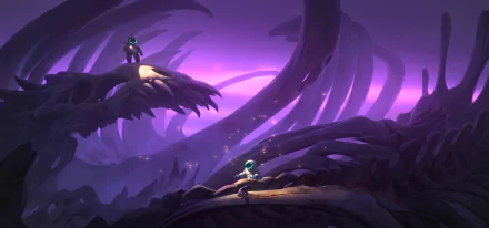 2K Quad HD PC desktop wallpaper: sci‑fi exploration—two astronauts traverse colossal alien bones beneath a glowing purple sky and rib‑like arches.