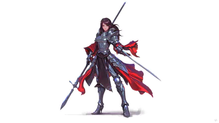 A fantasy woman warrior in armor wields a spear and sword, standing ready in dynamic armor details, rendered in 8K Ultra HD quality for a PC desktop background.
