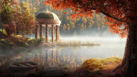 Artistic HD desktop wallpaper of a serene lake in fall with vibrant foliage, a charming gazebo, and a misty atmosphere enhancing this peaceful nature scene.