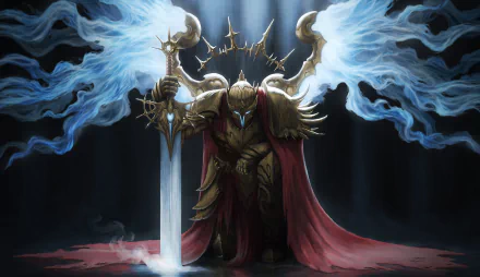 A fantasy warrior angel clad in ornate armor kneels with a glowing sword, surrounded by ethereal blue wings and light in this HD PC desktop wallpaper.