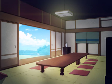 Anime room HD PC desktop wallpaper/background: sunlit traditional Japanese tatami room with a long low table, floor cushions and shoji doors opening to a bright blue sky and sea.