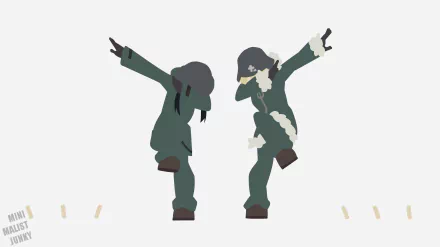 4K Ultra HD PC wallpaper: Chito and Yuuri from Girls' Last Tour in anime style, green-coated silhouettes striking playful dab poses on a pale minimalist background.