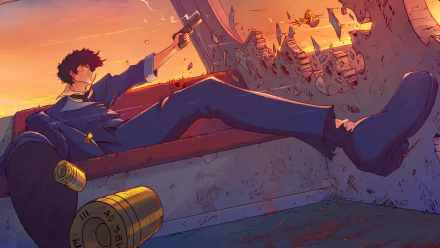 HD anime desktop wallpaper featuring Spike Spiegel from Cowboy Bebop, reclining with a futuristic cityscape and sunset hues in the background.