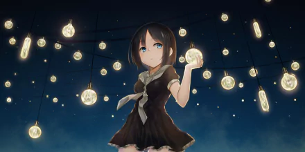 HD anime original wallpaper showing a girl in a dark dress holding a glowing orb, surrounded by hanging illuminated bulbs against a night sky background.