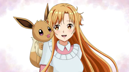 4K Ultra HD PC desktop anime crossover wallpaper: Asuna Yuuki (Sword Art Online) smiling with an Eevee from Pokemon perched on her shoulder against a soft pastel background.
