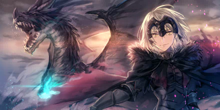 HD anime wallpaper featuring Jeanne d'Arc Alter from Fate/Grand Order, with white short hair, yellow eyes, clad in dark armor, alongside a fierce dragon in the background.