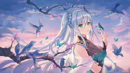 Anime-style HD desktop wallpaper featuring a blue-haired girl with green eyes amid cherry blossoms, surrounded by birds and butterflies in a serene, pastel-colored sky.