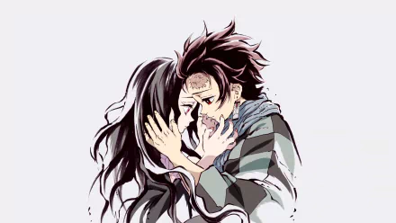 A touching HD desktop wallpaper featuring Tanjiro Kamado embracing Nezuko Kamado from the anime Demon Slayer: Kimetsu no Yaiba, captured against a light background.