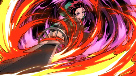 HD desktop wallpaper featuring Tanjiro Kamado from Demon Slayer: Kimetsu no Yaiba, wielding a katana surrounded by fiery Hinokami Kagura flames. Tanjiro, with a scar on his forehead, is in action.