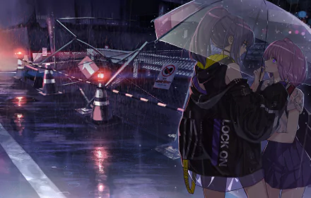 HD anime original wallpaper depicting two characters sharing an umbrella on a rainy, dimly lit street with reflective wet pavement and traffic barriers.