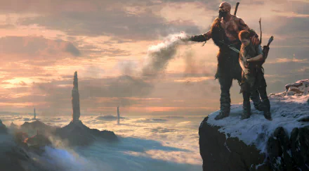 4K Ultra HD wallpaper featuring Kratos and Atreus from God of War (2018) standing on a snowy cliff overlooking a vast, misty landscape in the video game.