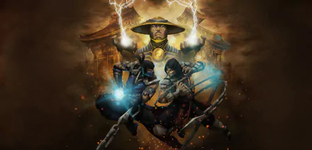2K Quad HD PC desktop wallpaper of the Mortal Kombat video game: Raiden channels lightning over Scorpion and Sub-Zero as they clash before an ancient temple.